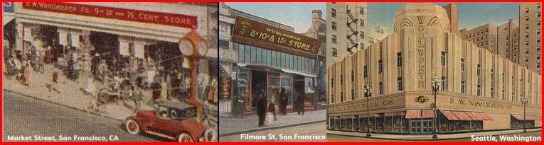 The Woolworth 5, 10 and 15¢ stores in Market Street (left) and Filmore Street (centre), San Francisco and Seattle, Washington, pictured in around 1930