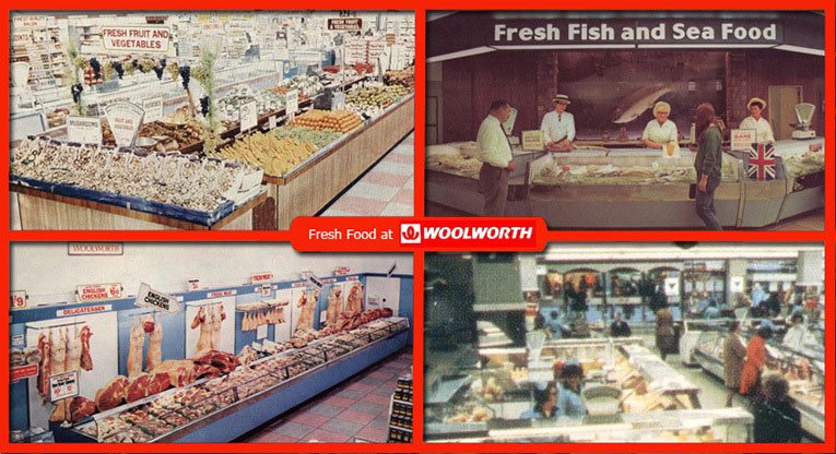 In the 1960s and 1970s the largest Woolworths stores included a comprehensive range of food and grocery. Our composite image shows (top left) Fresh Fruit and Vegetables at Shrewsbury, (top right)  fresh fish at Wolverhampton, (bottom left) butchery in Cardiff and (bottom right) delicatessen on the upper floor of the Whitgift Centre, Croydon