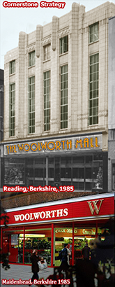 Easily accessible by training for Head Office and nestled in an area close to the homes of lots of shareholders, two of the stores chosen for Woolworth's Cornerstone Strategy trials were quite close together in Reading (Mall Superstore) and Maidenhead (Large town comparison). Returns from the new layouts were insufficient to find approval from city analysts when the Board could get so much more by opening new B and Qs.