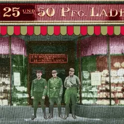 Initially called the Austrian Brigade, soldiers from the S.A. 'spontaneously' decided to picket the doorstep of several Woolworth shops in Germany's largest cities like this one in Berlin. Initially they protested that the management of the parent company wouldn't say whether they were Jews or not.  After the New York Board grudgingly responded that the Chairman Sumner Woolworth and many of his board were members of the Methodist Church, the protesters changed tack, waving placards encouraging Germans to shop only at German stores like the one opposite.