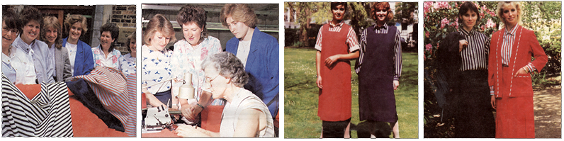 New uniforms under development. Left to right, the retailer's new garment technologists with the new bolts of cloth for styles chosen for both the comparison (large) stores (red) and convenience stores (blue) uniforms; working with a machinist on making up the samples; general assistant basic summer pinafore and blouse uniforms; specialist, supervisor, and section manager uniforms