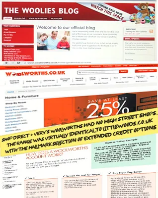 Two snapshots of the Very take on UK Woolworths which traded on-line beteween 2009 and 2015. The bright, colourful site shared almost all of its products and infrastructure with the Group's legacy Littlewoods brand, and offered its famous range of paid and interest-free credit options which in earlier times had established the Littlewoods Paper Catalogue as the market leader in the UK off-the-page industry after World War II. Prices were generally signficantly higher than when the website matched the shelf prices on the High Street.