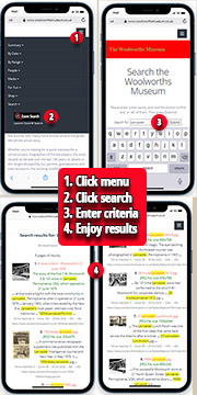 To launch search, on desktop click search search/Zoom Search on the far right of the top navigation bar on any screen, or on mobile, click the Menu Button and then choose Search/Zoom Search and enter some criteria. You can choose whether to search for any or all words, use the wild card characters * and ? and choose how many results to show on each page.  The matching items will be displayed on screen. Most of them have a thumbnail image which makes it easier to spot the one(s) of interest.  Why not give it a try?