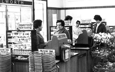 The checkouts of a self-service Woolworth store in 1960