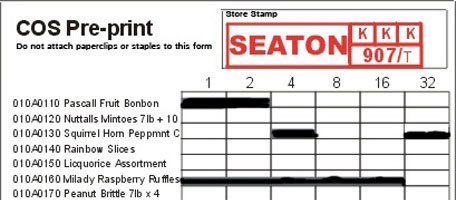 The COS Preprint was part of the Woolworth Central Ordering System. Store merchandisers used a felt pen to indicate the number of outer cases of each product they required. The completed forms were scanned directly into the firm's state-of-the-art computer