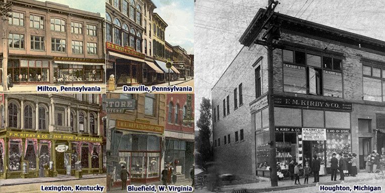 The growing chain of F. M. Kirby stores brought consistency of styling and operation to many Main Streets long before this was the established practice across the retail trade. Top row (l to r) the Milton and Danville stores (Pennsylvania), bottom row: Lexington (Kentucky), Bluefield (West Virginia) and Houghton (Michigan)