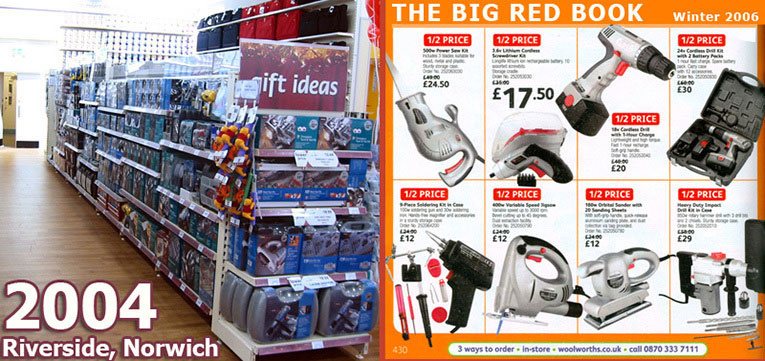 Left: the large range of DIY in the out-of-town Woolworths store on the Riverside at Norwich, pictured in 2004. Right: An extract from the firm's new Big Red Book catalogue, showcasing their own label power tools, which were sold with the brand name 'Woolworths Workshop'