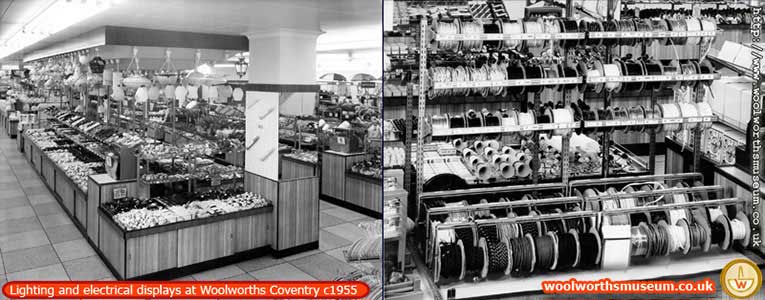 Electrical displays at F.W. Woolworth Broadgate, Coventry, 1955. Left: The lighting canopy, Right: Electric Flex dispenser