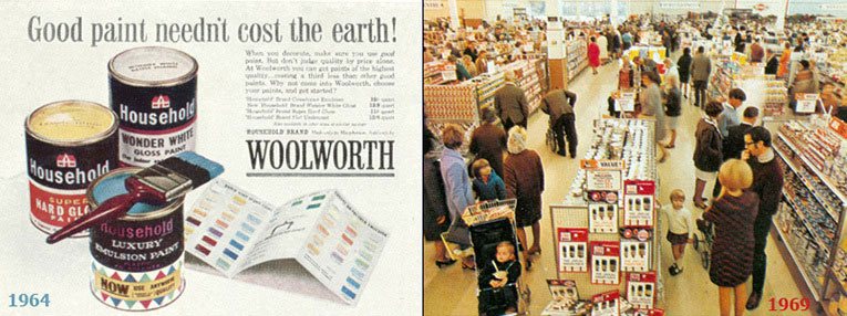 Left: Household Paint became the UK market leading brand in the 1960s, thanks to an effective marketing campaign. Right: DIY displays in the Woolco store in Bournemouth, Dorset