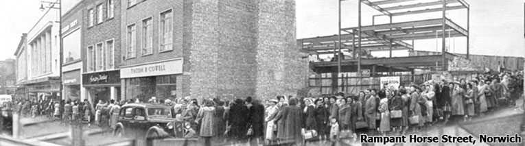 The reopening of Woolworth's in Rampant Horse Street, Norwich in 1950 attracted so many people from across Norfolk that the queue stretched twice around the block.