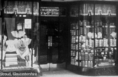 A 1930s snap of a window display of saucepans at one of the entrances of the popular Woolworth's in Stroud, Gloucestershire, UK