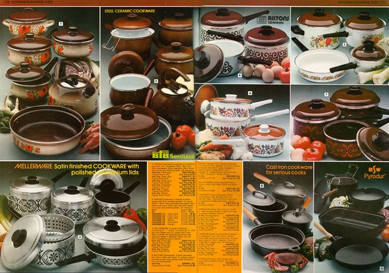 The selection of saucepans available from the Woolworth Shopper's World catalogue operation in 1978. The majority were brightly coloured, non stick and foreign made - all a far cry from the offer up until the late 1960s!