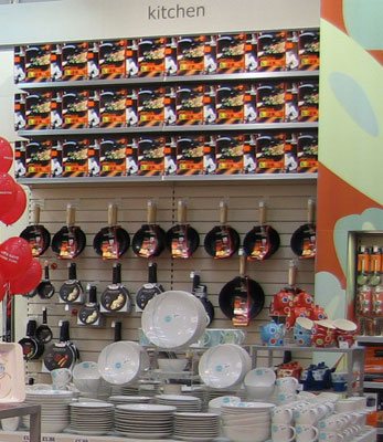 A big display on new, upmarket Cook! branded saucepans at the Woolworths out-of-town store in Bristol Hartcliffe in 2005