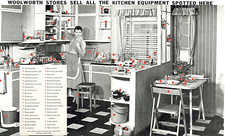 The Woolworth Annual Report for 1959 was proud to show the wide selection of kitchen items that were available in the High Street stores. The bright, modern range had helped to take the firm right to the top of the London Stock Exchange, second only to ICI.