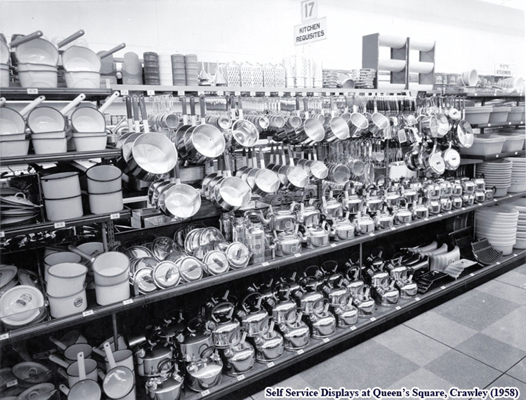 Saucepan displays at the first large Woolworth store to move to self-service operation, Queen's Square, Crawley in 1958