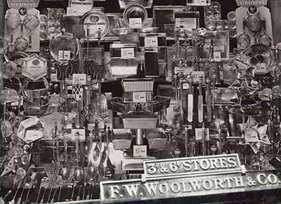 Tin products featured in the window of a 1930s F. W. Woolworth store