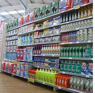 Soap powder and household cleaning products on display at Newcastle-upon-Tyne's out of town Woolworths in Byker in 2005