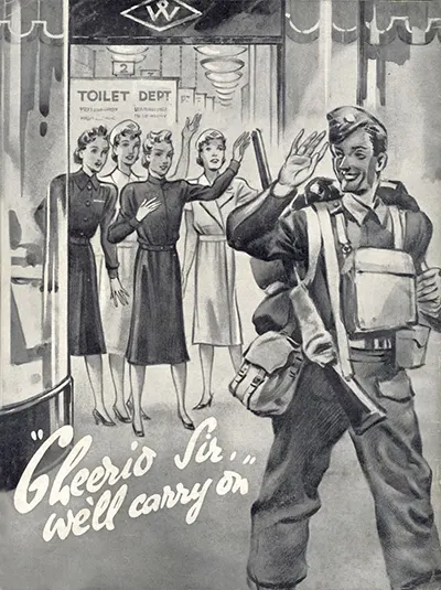 The cover of Woolworth's New Bond Staff Magazine from Autumn 1939 featured the hand-drawn image of a Store Manager in uniform answering the nation's call and heading off to war. Those who waited to be conscripted were rewarded with extra pay and bonuses, while anyone who volunteered did not get this perks and would find themselves considerably poorer and more bitter by the time they retired. The cover of Woolworth's New Bond Staff Magazine from Autumn 1939 featured the hand-drawn image of a Store Manager in uniform answering the nation's call and heading off to war. Those who waited to be conscripted were rewarded with extra pay and bonuses, while anyone who volunteered did not get this perks and would find themselves considerably poorer and more bitter by the time they retired.