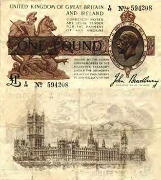 Both sides of a John Bradbury pound note from 1917. One of these was a week's pay for the youngest workers at the time, with older men earning up to three times more.  Woolworth Aberdeen store manager Herbert Cue received a stagger 1,200 of these as his commission on his store's annual sales in the granite city in 1922, equivalent to well over £100,000 today