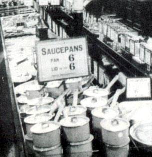 Saucepans and lids sold separately at sixpence (2½p) each.  One of the ways that Woolworths stuck to their "Nothing over 6D" slogan for a staggering 31 years.