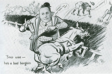 A cartoon drawing of 'Snowfire' a.k.a. John Ben Snow, from the souvenir booklet 'As others see you' from the F.W. Woolworth Annual Dinner in 1935