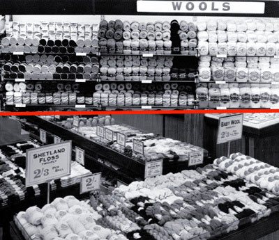 Putting the wool into Woolworths - balls of wool were a best seller in the High Street stores from 1909 until 1990.  Many balls were sold under the Woolworth name and later with the trademark 'Abigail'. (Top: Wall display of wool at Didcot, Oxfordshire, one of the first self=service stores in 1956, bottom: personal service counter at Portsmouth, Hampshire in 1953.)
