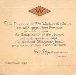 A special Woolworth Christmas card for British and Irish employees in 1940 from Chairman William Lawrence Stephenson
