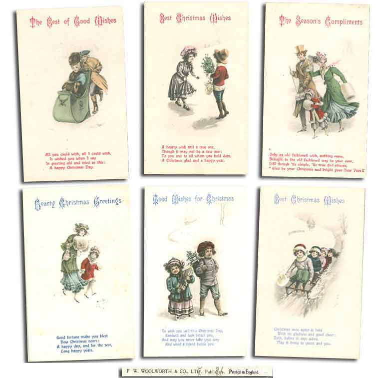 The original series of postcard type Christmas Cards, which were sold in F. W. Woolworth British stores from 1909 until 1918