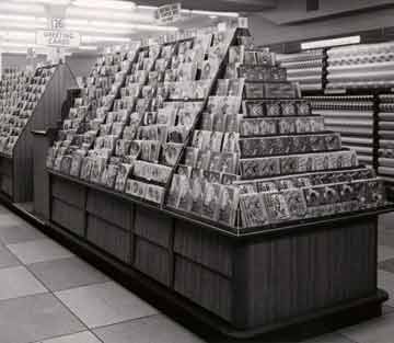 The first appearance of modern a more gondola type display of Greetings Cards at Woolworths, from the ultra-modern concept store at Cornmarket, Oxford in 1957