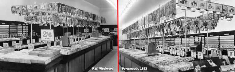 A hanging display of calendars above a counter full of Christmas Cards and Wrapping Paper at the newly rebuilt F. W. Woolworth store in Commercial Road, Portsmouth, Hampshire in 1953