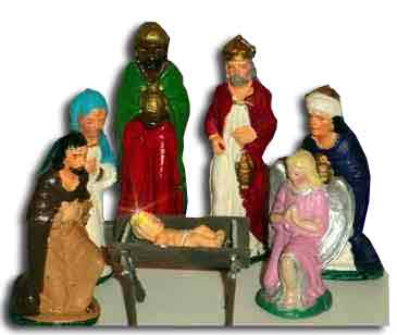 Nativity sets made of chalkware (sculpted gypsum), painted in watercolours became very popular at Woolworths in the 1930s. Each piece was sixpence (2½p) or the complete set including two pieces free was three shillings (15p)