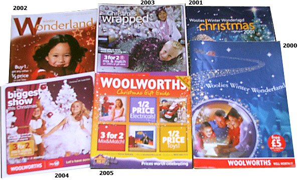 Woolworths Christmas Catalogues for the 21st Century - showing how the format got smaller in the first half of the decade before getting very big and very red (or was that unread?) from 2006 onwards